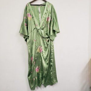 Asos Design Curve Womens Faux Wrap Satin Dress Size 24 Green Embroidered Kimono